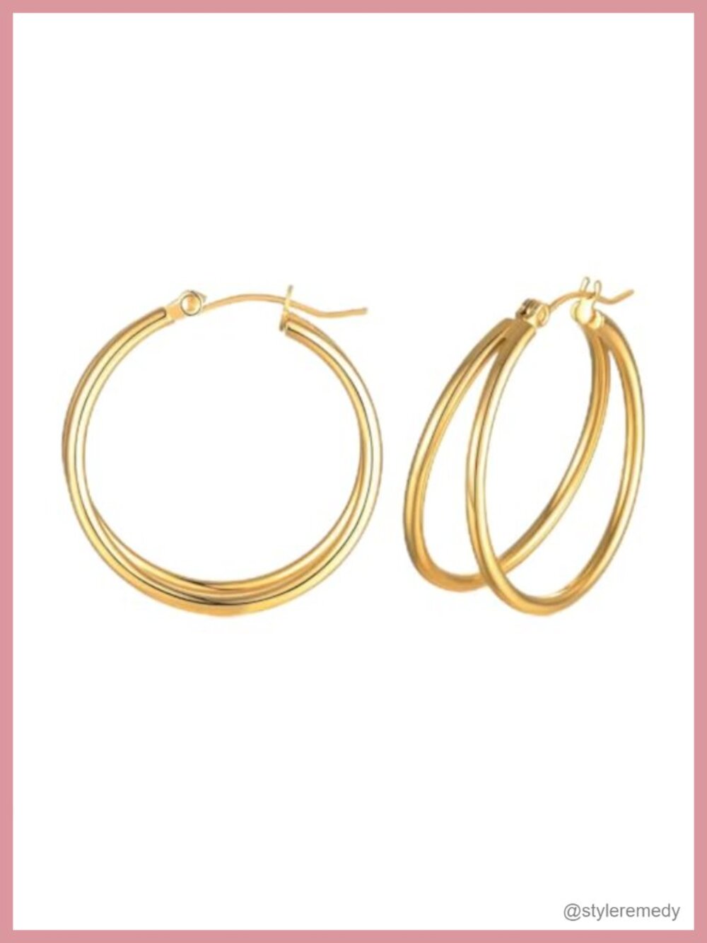 18K Yellow Gold Plated Double Hoop Earrings Stainless Steel Click Closure